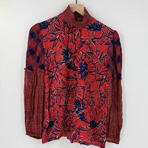 Anthropologie Blank London Vivant Mixed Print Mock Neck Smocked Peasant Top S